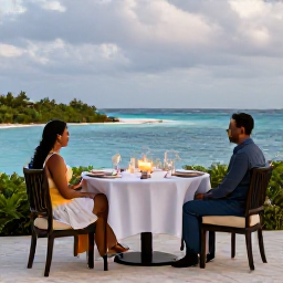 Caribbean Holidays, Bermuda Honeymoons, Elegant Bermuda resort terrace overlooking the ocean, with a candlelit table prepared for two