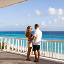 Caribbean Holidays, Bermuda Honeymoons, Elegant Bermuda resort with a couple enjoying a private balcony overlooking the ocean