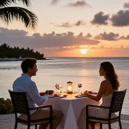 Caribbean Holidays, Bermuda Honeymoons, Elegant Bermuda waterfront restaurant at sunset with a table set for two and soft lantern light