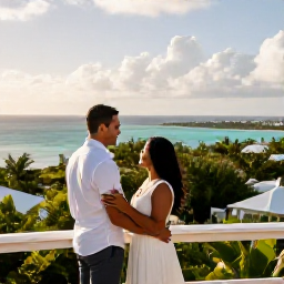 Caribbean Holidays, Bermuda Honeymoons, Happy newlywed couple overlooking Bermuda coastline from a scenic viewpoint in warm spring sunshine