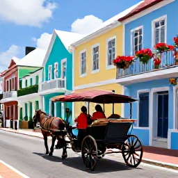 Caribbean Holidays, Bermuda Honeymoons, Honeymoon couple exploring colourful Hamilton streets with pastel buildings, flowers and a horse-drawn carriage