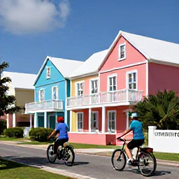 Caribbean Holidays, Bermuda Honeymoons, Newlywed couple cycling past colourful Bermuda houses and lush gardens on a sunny spring day