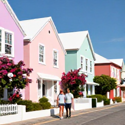 Caribbean Holidays, Bermuda Honeymoons, Newlywed couple exploring colourful Hamilton streets in Bermuda, pastel buildings, flowering gardens and blue sky
