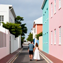 Caribbean Holidays, Bermuda Honeymoons, Newlywed couple exploring pastel-coloured buildings and narrow lanes in Hamilton, Bermuda, warm June daylight and authentic travel photography