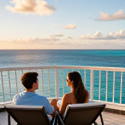 Caribbean Holidays, Bermuda Honeymoons, Newlywed couple relaxing on a Bermuda hotel balcony overlooking turquoise water in warm evening light