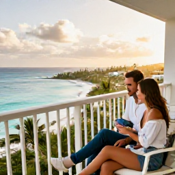 Caribbean Holidays, Bermuda Honeymoons, Newlywed couple relaxing on a stylish Bermuda hotel balcony with ocean views and warm January afternoon light