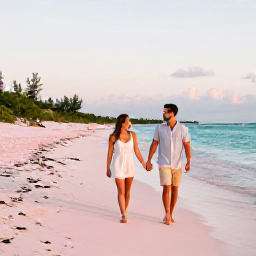 Caribbean Holidays, Bermuda Honeymoons, Newlywed couple walking hand in hand along a quiet pink-sand beach in Bermuda at golden hour