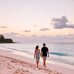 Caribbean Holidays, Bermuda Honeymoons, Newlywed couple walking hand in hand along a quiet pink-sand beach in Bermuda at sunset