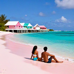 Caribbean Holidays, Bermuda Honeymoons, Newlyweds relaxing on a secluded pink-sand beach with turquoise water and pastel Bermuda cottages in the background