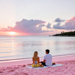 Caribbean Holidays, Bermuda Honeymoons, Romantic Bermuda beach with pink sand, calm blue water and a couple sharing a sunset picnic