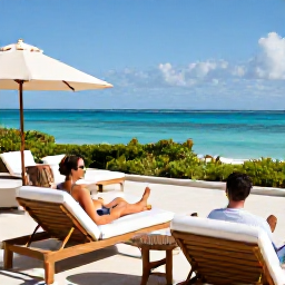 Caribbean Holidays, Bermuda Honeymoons, Romantic Bermuda resort terrace overlooking turquoise sea, with comfortable loungers and a couple enjoying a peaceful morning