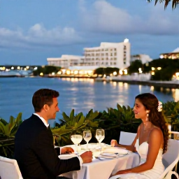 Caribbean Holidays, Bermuda Honeymoons, Romantic Bermuda restaurant terrace overlooking the harbour at evening, elegant table setting and newlywed couple dining together