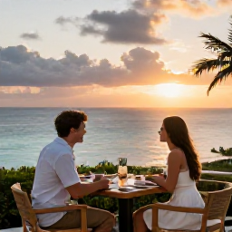 Caribbean Holidays, Bermuda Honeymoons, Romantic Bermuda restaurant terrace overlooking the sea at sunset, with a couple dining together
