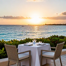 Caribbean Holidays, Bermuda Honeymoons, Romantic Bermuda restaurant terrace overlooking the sea at sunset, with elegant tables prepared for two