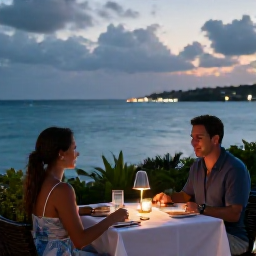 Caribbean Holidays, Bermuda Honeymoons, Romantic Bermuda waterfront restaurant at dusk, couple dining outdoors with ocean views, elegant but relaxed June honeymoon atmosphere