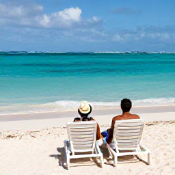 Caribbean Holidays, Bermuda Honeymoons, Romantic pink-sand beach in Bermuda with turquoise water, sun loungers and a newlywed couple relaxing