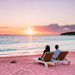 Caribbean Holidays, Bermuda Honeymoons, Romantic pink-sand beach in Bermuda with two sun loungers, calm turquoise sea and a couple watching the sunset