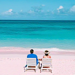 Caribbean Holidays, Bermuda Honeymoons, Romantic pink-sand beach with turquoise water, sun loungers and a newlywed couple in Bermuda