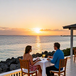 Caribbean Holidays, Bermuda Honeymoons, Romantic sunset dinner for two on a Bermuda waterfront terrace with ocean views
