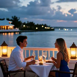 Caribbean Holidays, Bermuda Honeymoons, Romantic waterfront restaurant in Bermuda at dusk with a couple enjoying an elegant dinner and soft lantern light