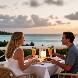 Caribbean Holidays, Bermuda in April, A couple dining outdoors at a Bermuda all-inclusive resort, with fresh seafood, tropical drinks and a softly lit terrace overlooking the sea at sunset