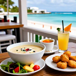 Caribbean Holidays, Bermuda in April, Bermudian seafood dinner with fish chowder, codfish cakes and fresh local produce served in a relaxed waterfront restaurant