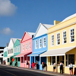 Caribbean Holidays, Bermuda in April, Colourful pastel houses and historic buildings along Front Street in Hamilton, Bermuda, with visitors exploring shops and waterfront views in spring sunshine