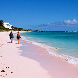 Caribbean Holidays, Bermuda in April, Horseshoe Bay Beach in Bermuda with distinctive pink sand, clear blue water and a couple walking along the shoreline under a bright spring sky