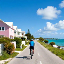 Caribbean Holidays, Bermuda in April, Traveller cycling along a quiet Bermuda lane beside turquoise sea, pastel houses and lush spring vegetation