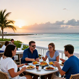Caribbean Holidays, Bermuda in February, A Bermuda all-inclusive hotel dining terrace overlooking the ocean at sunset, with relaxed guests and local food