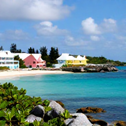 Caribbean Holidays, Bermuda in February, A sunny coastal view of Bermuda in February, with pastel buildings, turquoise water and a quiet beach