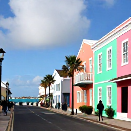 Caribbean Holidays, Bermuda in February, Visitors strolling along Bermuda&rsquo;s colourful Front Street in Hamilton during February, with pastel buildings, harbour views and palm trees