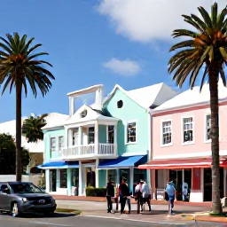 Caribbean Holidays, Bermuda in February, Visitors strolling through Hamilton, Bermuda, in February, with pastel colonial buildings, shops and palm trees