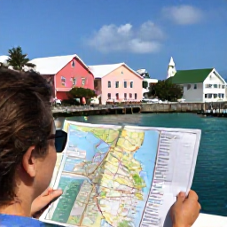 Caribbean Holidays, Bermuda in March, Friendly travel scene in Bermuda showing a visitor planning a March itinerary with a map, ferry timetable and pastel island buildings
