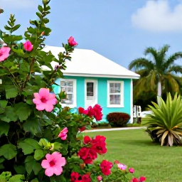 Caribbean Holidays, Bermuda in May, A colourful Bermuda garden in May with hibiscus, bougainvillea, palms and a traditional pastel cottage