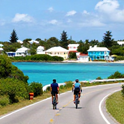 Caribbean Holidays, Bermuda in May, A couple cycling along a quiet coastal road in Bermuda, with turquoise water, green hills and pastel houses in the background