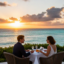 Caribbean Holidays, Bermuda in May, A couple enjoying an outdoor dinner at a Bermuda resort as the sun sets over a calm turquoise sea