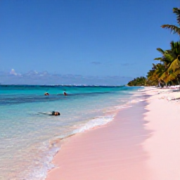 Caribbean Holidays, Bermuda in May, A quiet pink-sand beach in Bermuda in May, with clear shallow water, palm trees and snorkellers offshore