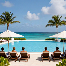 Caribbean Holidays, Bermuda in May, Guests relaxing beside a Bermuda resort pool overlooking the ocean, with sun loungers, palm trees and a fresh May sky