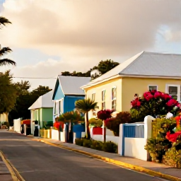 Caribbean Holidays, Bermuda in October, Colourful Bermuda houses and gardens beside a quiet lane, with visitors exploring the island in warm October sunshine
