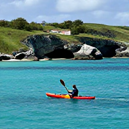 Caribbean Holidays, Bermuda in October, Kayaker gliding through calm turquoise water beside Bermuda&rsquo;s rocky coastline, with green hills in the background