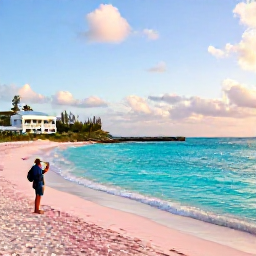 Caribbean Holidays, Bermuda Instagram Hotspots, A sunny November morning at Horseshoe Bay in Bermuda, with pink sand, turquoise water and a visitor taking photographs from the shore