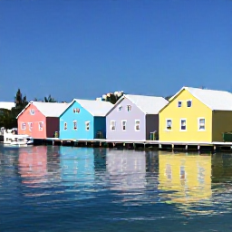 Caribbean Holidays, Bermuda Instagram Hotspots, Colourful pastel houses along a quiet waterfront in Bermuda, reflected in calm blue water under bright sunshine