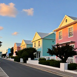 Caribbean Holidays, Bermuda Instagram Hotspots, Colourful pastel houses and tidy gardens along a quiet lane in Bermuda, photographed in warm November sunshine