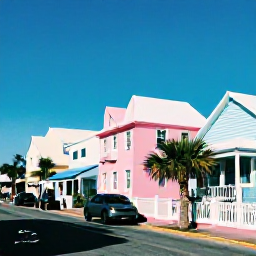 Caribbean Holidays, Bermuda Instagram Hotspots, Colourful pastel houses in Hamilton, Bermuda, lining a clean street under a clear blue January sky, with palm trees and local details