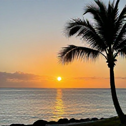 Caribbean Holidays, Bermuda Instagram Hotspots, Golden sunset over Bermuda's calm coastline with a silhouetted palm tree and warm reflections on the Atlantic Ocean