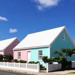 Caribbean Holidays, Bermuda Instagram Hotspots, Traditional Bermuda pastel cottages with distinctive white stepped roofs, tropical plants and a clear blue summer sky
