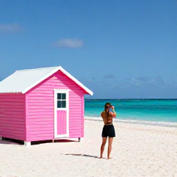 Caribbean Holidays, Bermuda Instagram Spots, A bright pink Bermuda beach with turquoise water, pastel changing huts and a traveller taking a discreet photograph in warm December sunshine