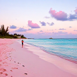 Caribbean Holidays, Bermuda Instagram Spots, A bright pink sand beach at sunrise in Bermuda, with clear turquoise water, pastel sky and a lone person taking a photograph