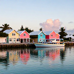 Caribbean Holidays, Bermuda Instagram Spots, A calm July evening at Bermuda's waterfront with pastel houses, a colourful boat and reflections in still turquoise water